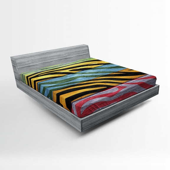 Ambesonne Zebra Print Fitted Sheet, Savannah Animal Stripes, Full Size, Green Yellow Black