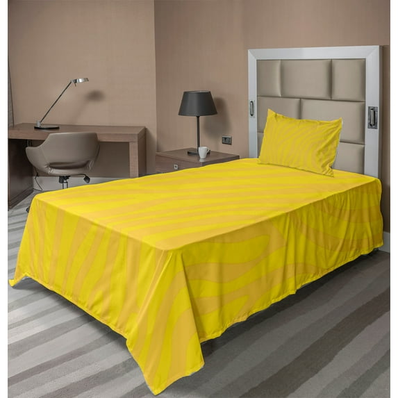 Ambesonne Zebra Print Fitted & Top Sheet Set with Sham, Animal Skin Lines, Yellow and Mustard