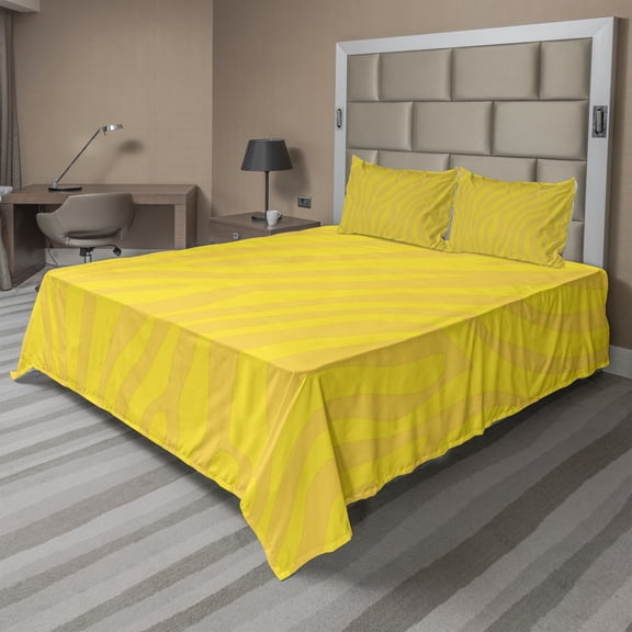 Ambesonne Zebra Print Fitted & Top Sheet Set with Shams, Animal Skin Lines, Yellow and Mustard