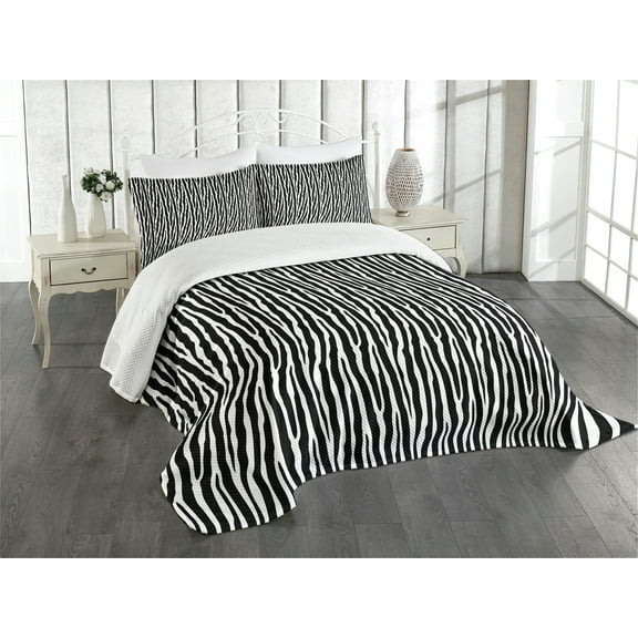 Ambesonne Zebra Print Quilted Bedspread Set 3 Pcs, Simplistic Exotic Skin, Queen Size, Charcoal Grey and White