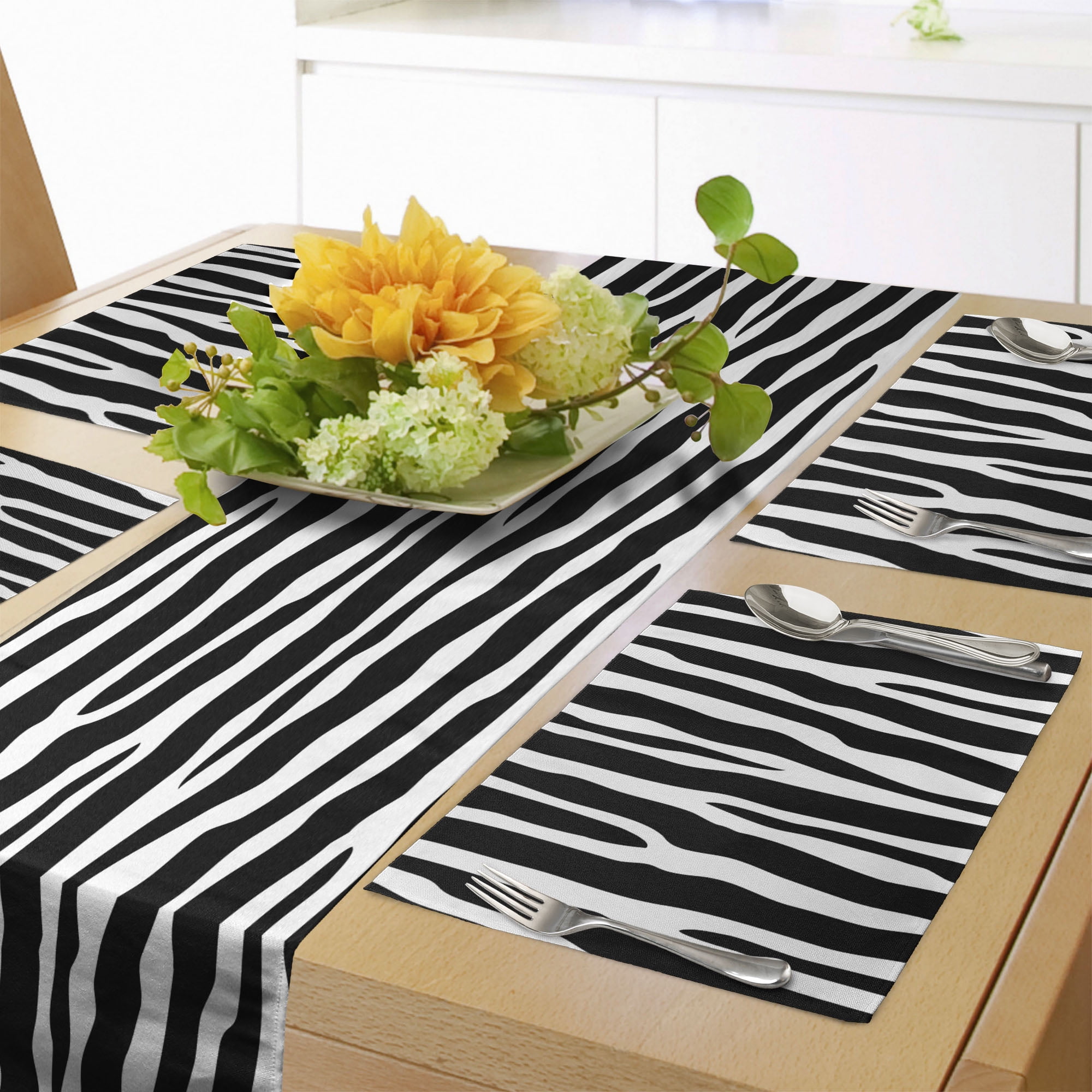 Ambesonne Zebra Print Table Runner & Placemats, Simplistic Exotic Skin