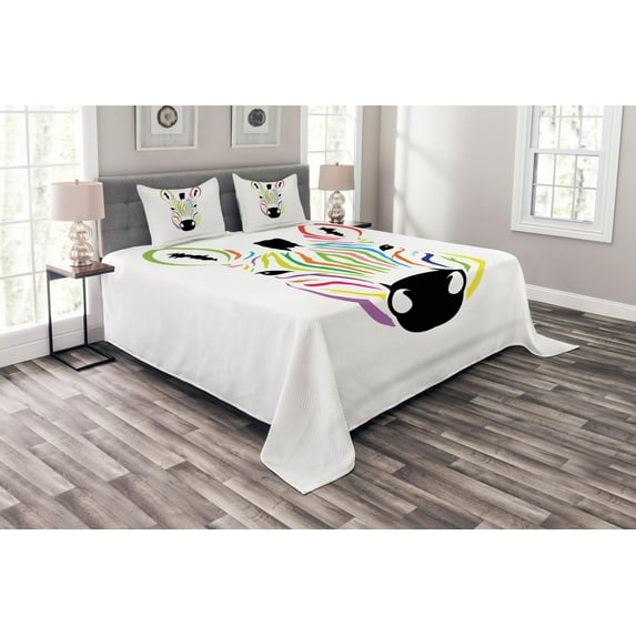 Ambesonne Zebra Quilted Bedspread Set 3 Pcs, Colorful Exotic Funny, King Size, Multicolor