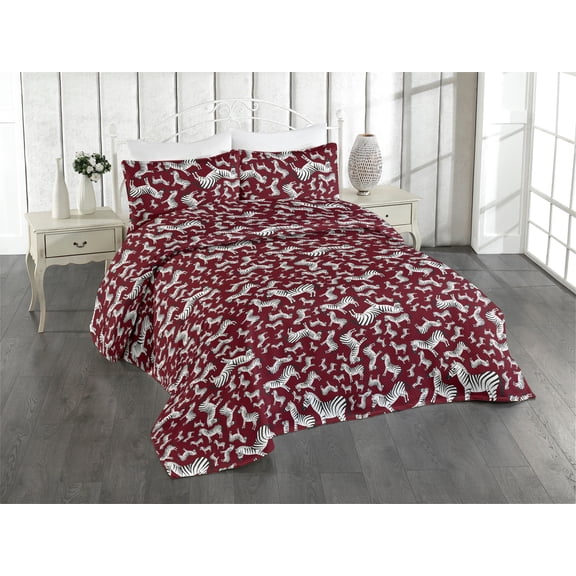 Ambesonne Zebra Quilted Bedspread Set 3 Pcs, Wild Animal Illustration Art, King, Raspberry and White