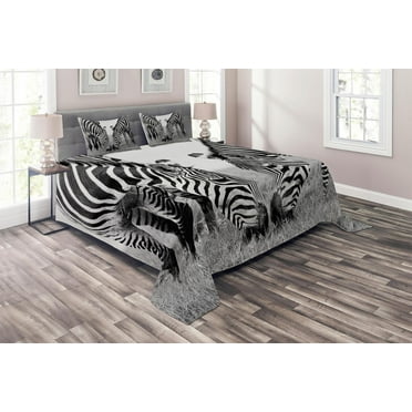 Ambesonne Zebra Quilted Coverlet 3 Pcs, Wildlife Burchell, Queen Size, White and Black