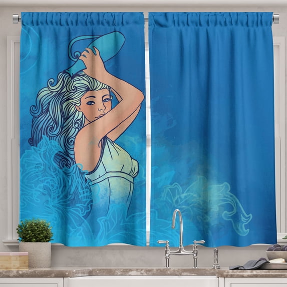 Ambesonne Zodiac Aquarius Kitchen Curtains, Woman Lady Arts, 55"x45", Cobalt Blue Turquoise