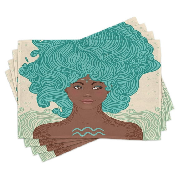 Ambesonne Zodiac Aquarius Place Mats Set of 4, Lady, Standard Size, Pale Green Teal Brown