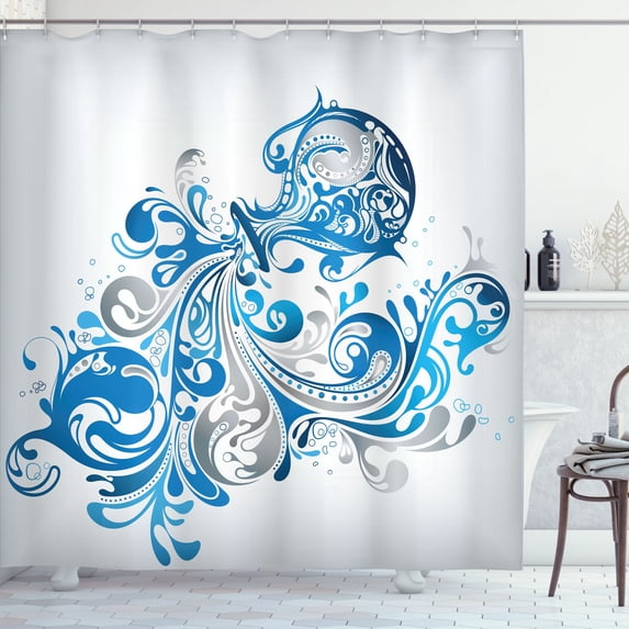 Ambesonne Zodiac Aquarius Shower Curtain, Bucket Scroll, 69"Wx70"L, Grey Grey Cobalt Blue