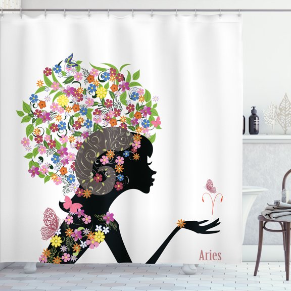 Ambesonne Zodiac Aries Shower Curtain, Girl with Flowers, 69"Wx70"L, Multicolor
