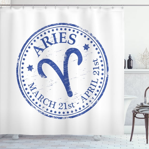 Ambesonne Zodiac Aries Shower Curtain, Vintage Stamp Sign, 69"Wx84"L, Royal Blue and White