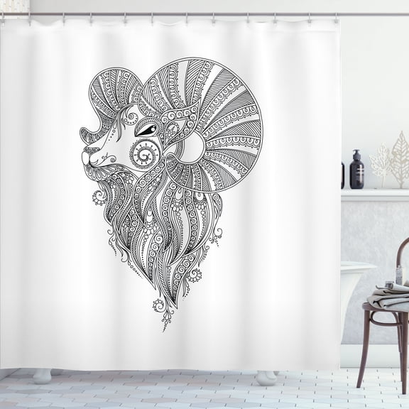 Ambesonne Zodiac Aries Shower Curtain, Zentangle Ram Doodle, 69"Wx84"L, White and Black