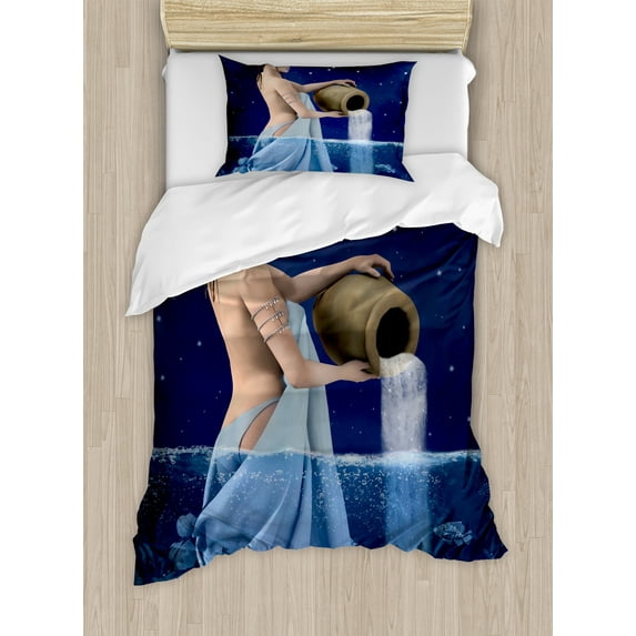 Ambesonne Zodiac Duvet Cover Sets, Aquarius Lady with Pail, 2-Twin, Blue Dark Blue