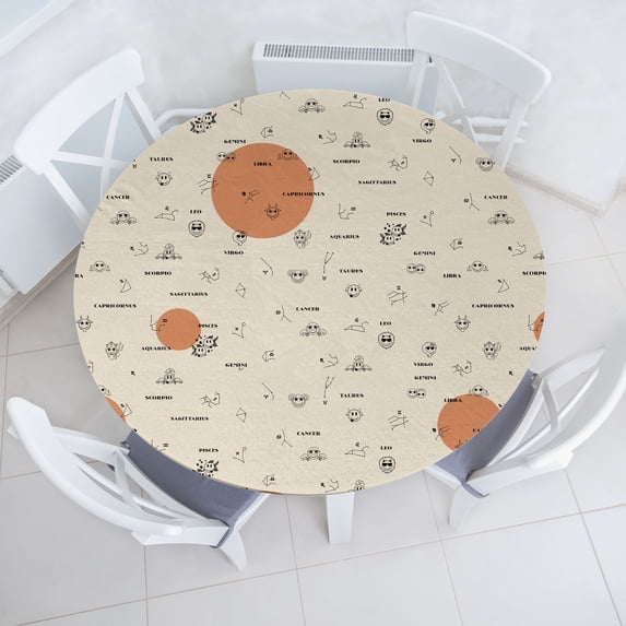 Ambesonne Zodiac Emoji Fitted Round Tablecloth, Horoscope Circle Art, 36"- 40" Diameter, Pale Caramel Black