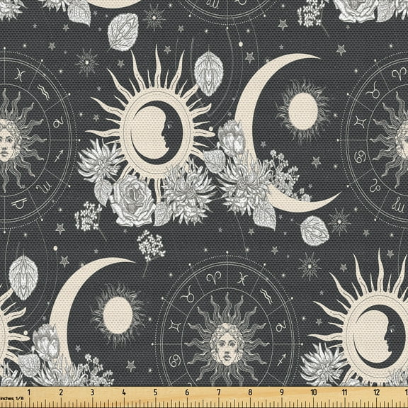 Ambesonne Zodiac Fabric by the Yard Upholstery, Esoterism Horoscope Pattern, 1 Yard, Charcoal Grey and Ivory