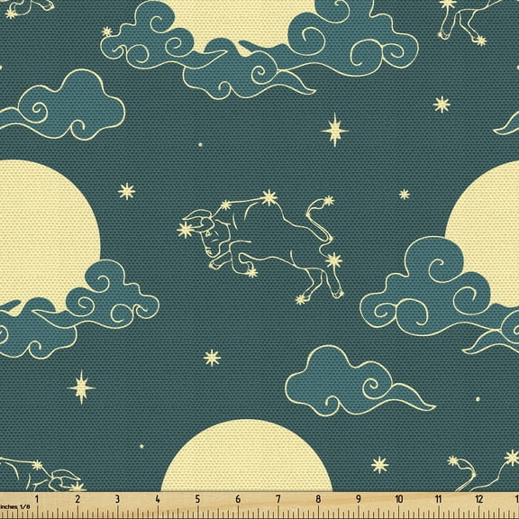Ambesonne Zodiac Fabric by the Yard Upholstery, Star Moon Cloud Astrology, 10 Yards, Dark Teal and Pale Yellow