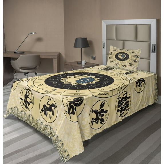 Ambesonne Zodiac Fitted & Top Sheet Set with Sham, Horoscope Wheel Art, Beige Charcoal Grey