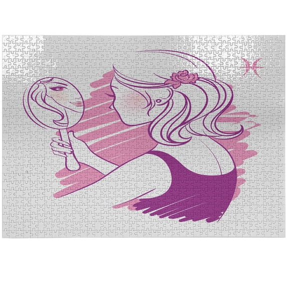Ambesonne Zodiac Gemini Jigsaw Puzzle Durable Cardboard, Modern Lady Artwork, 1000 pcs, Pale Pink and Purple