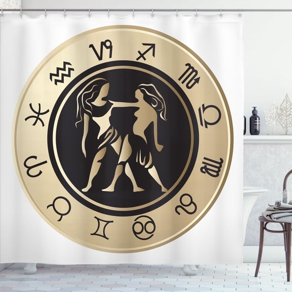 Ambesonne Zodiac Gemini Shower Curtain, Circle and Twins, 69"Wx84"L, Sand Brown Black White