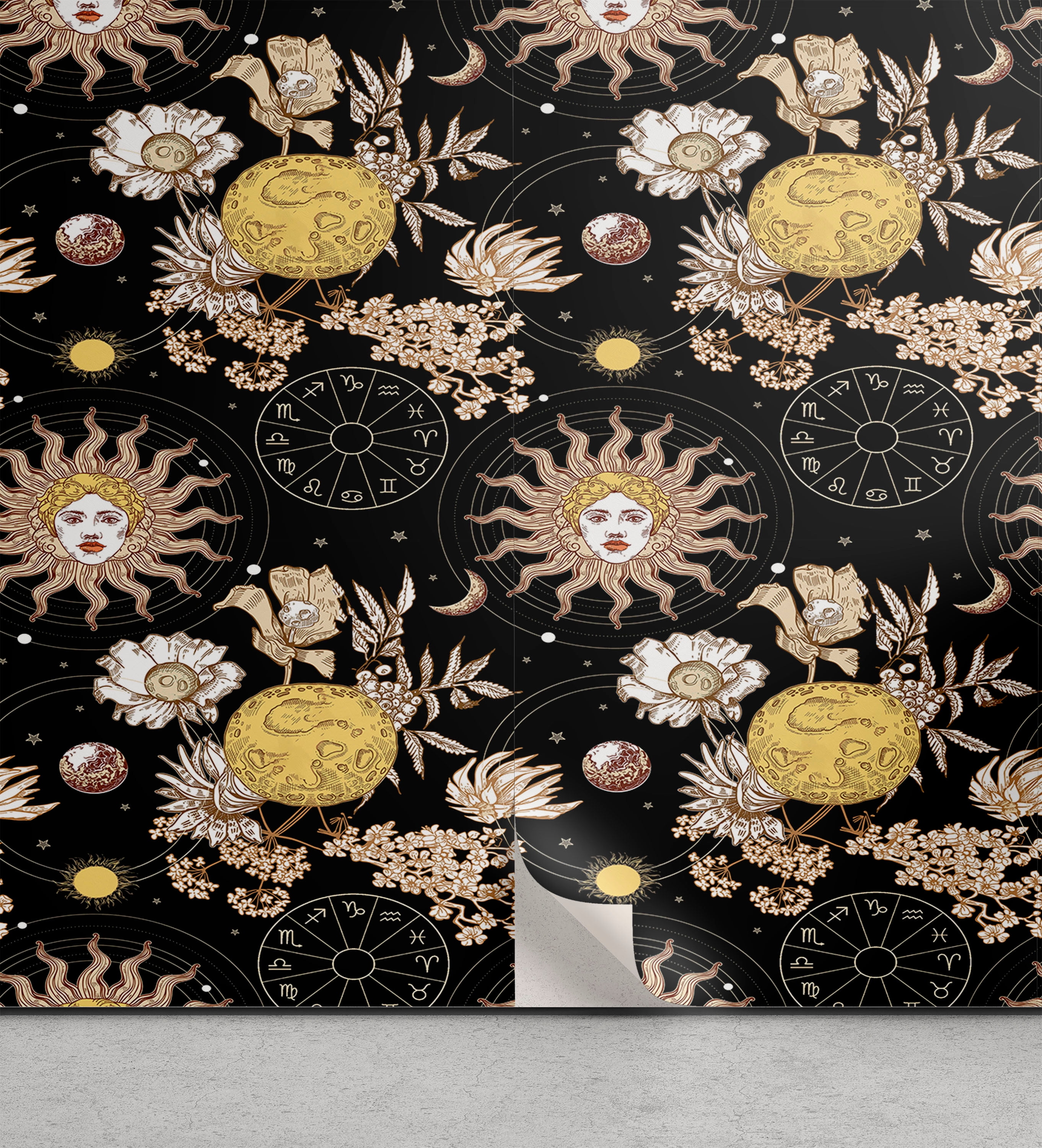 Ambesonne Zodiac Peel & Stick Wallpaper for Home, Retro Sun and Moon