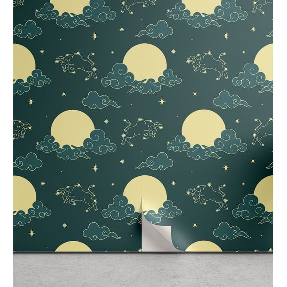 Ambesonne Zodiac Peel & Stick Wallpaper for Home, Star Moon Cloud Astrology, 13"x100", Dark Teal and Pale Yellow
