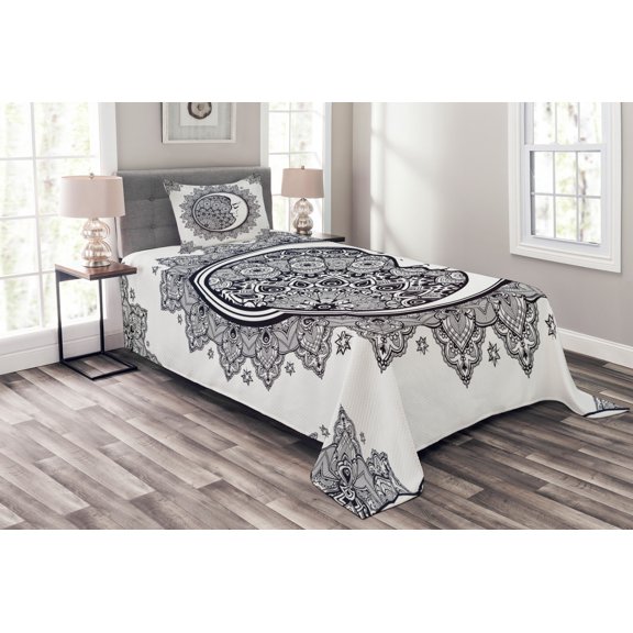 Ambesonne Zodiac Quilted Bedspread Set 2 Pcs, Boho Star Moon Mandala, Twin Size, Dark Blue White