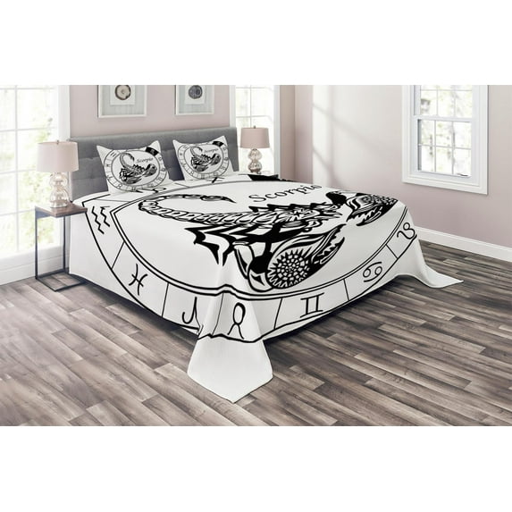 Ambesonne Zodiac Quilted Coverlet 3 Pcs, Astrology Signs Scorpio, Queen Size, Black and White