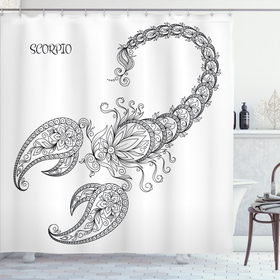 Ambesonne Zodiac Scorpio Shower Curtain, Floral Tattoo, 69"Wx70"L, Black and White