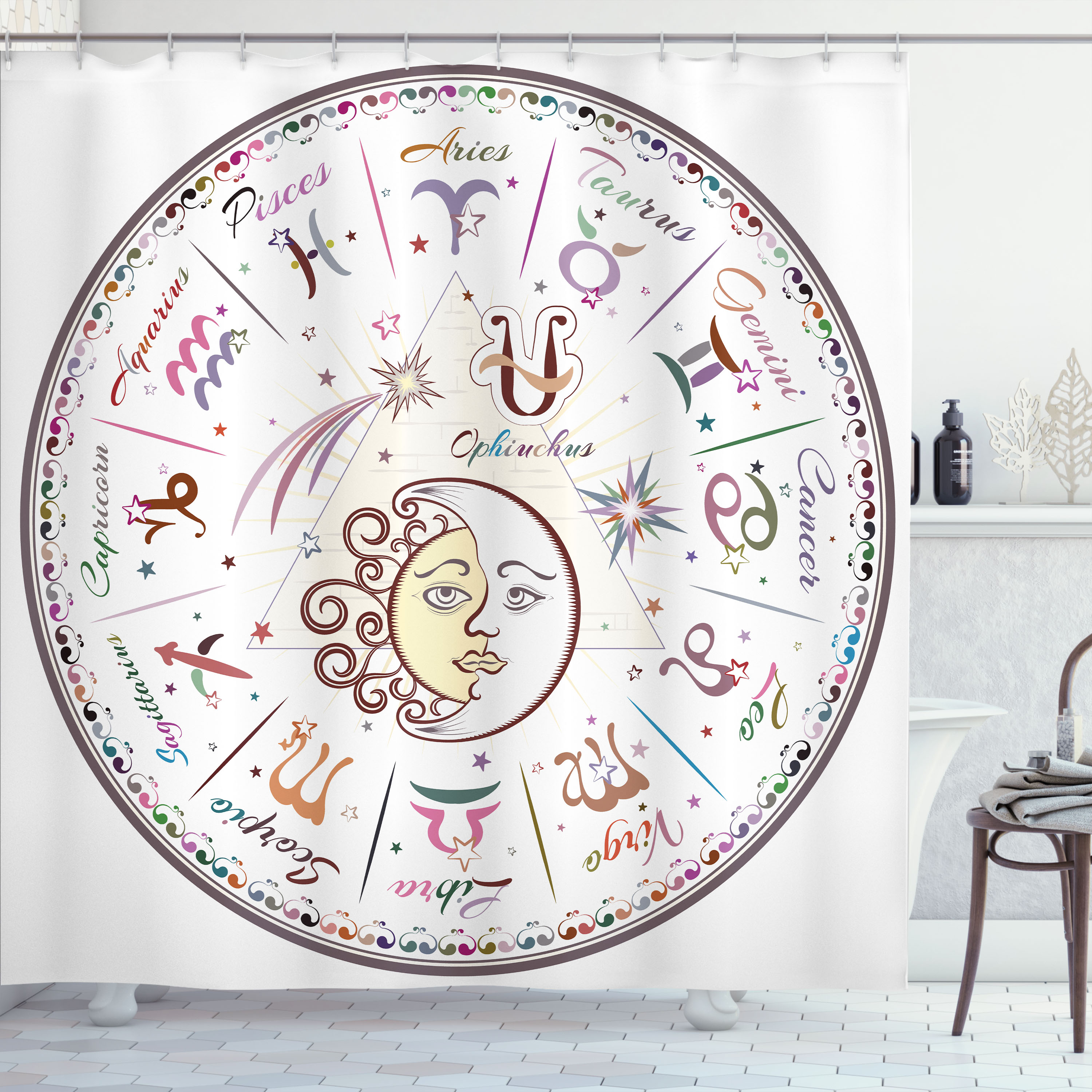 Ambesonne Zodiac Shower Curtain, Astrological Horoscope, 69"Wx70"L