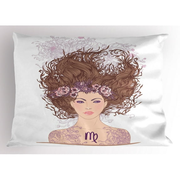 Ambesonne Zodiac Virgo Pillow Sham, Floral Young Girl, 26" X 20", Multicolor