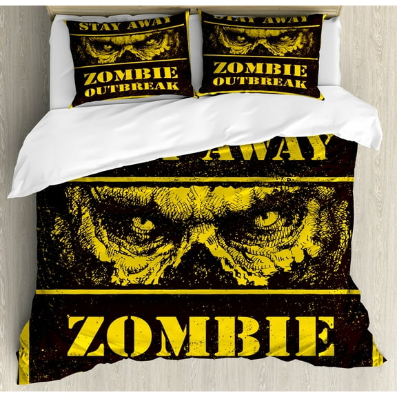 Ambesonne Zombie Duvet Cover Set, Monster Warning, King, Chestnut Brown Yellow