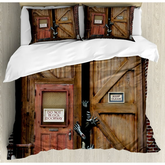 Ambesonne Zombie Duvet Cover Set, Monster Wood Door, Calking, Umber Chestnut Brown