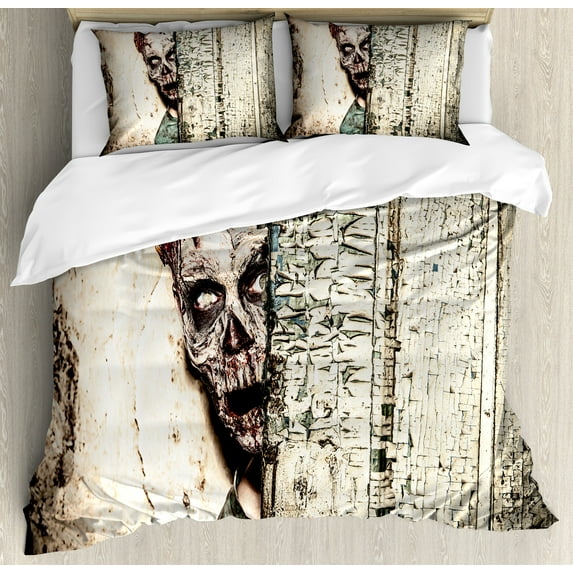 Ambesonne Zombie Duvet Cover Set, Old House Vampire, 2-Calking, Jade Green Cream