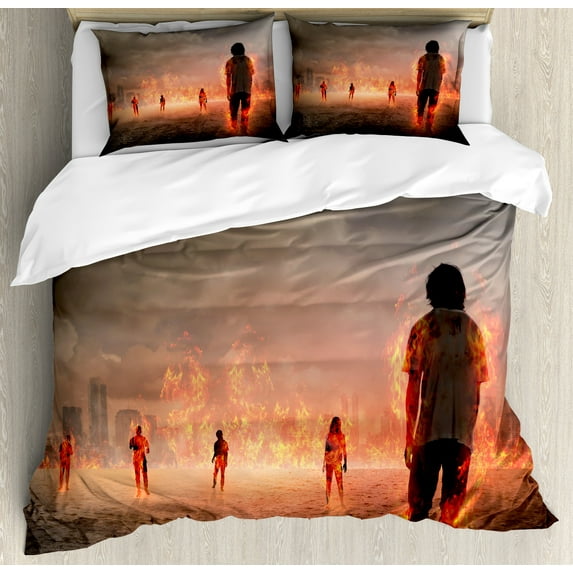Ambesonne Zombie Duvet Cover Set, People in, King, Pearl Eggshell Vermilion