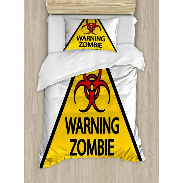 Ambesonne Zombie Duvet Cover Set, Warning Outbreak, Twin, Earth Yellow Red Black