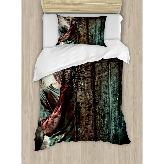 Ambesonne Zombie Duvet Cover Sets, Evil Eyes Monster, 2-Twin, Umber Teal Tan