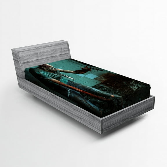 Ambesonne Zombie Fitted Sheet, Bloody Nightmare, Twin XL Size, Teal Charcoal Grey