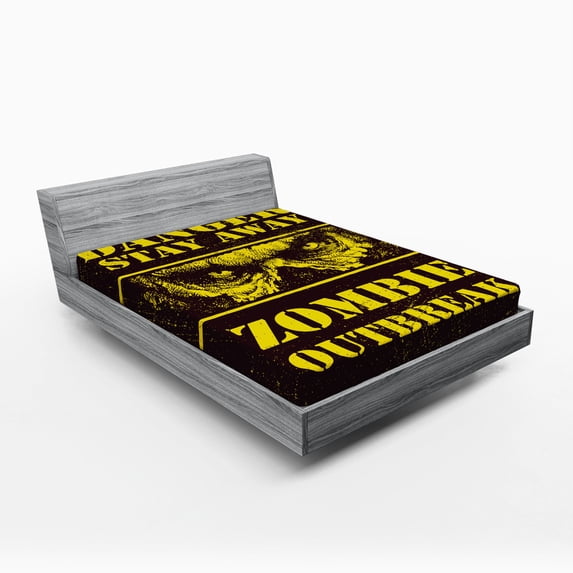 Ambesonne Zombie Fitted Sheet, Monster Warning, Queen Size, Chestnut Brown Yellow