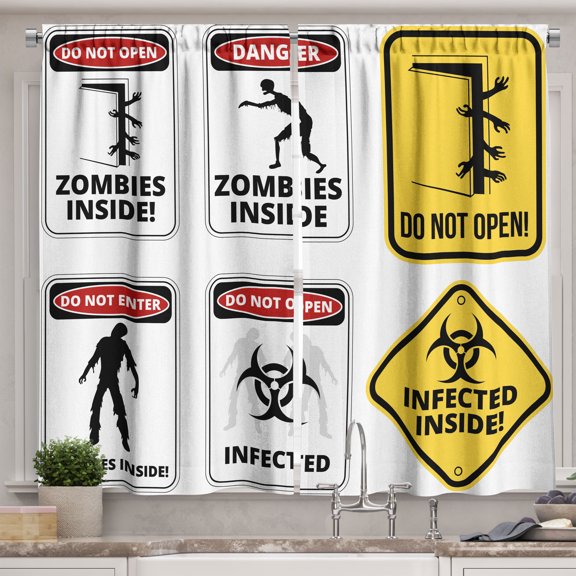 Ambesonne Zombie Kitchen Curtains, Warning Signs Evil, 55"x39", Multicolor