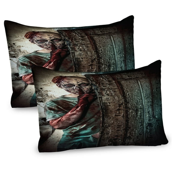 Ambesonne Zombie Pillow Sham 2 Pack, Evil Eyes Monster, 26"x20", Umber Teal Tan