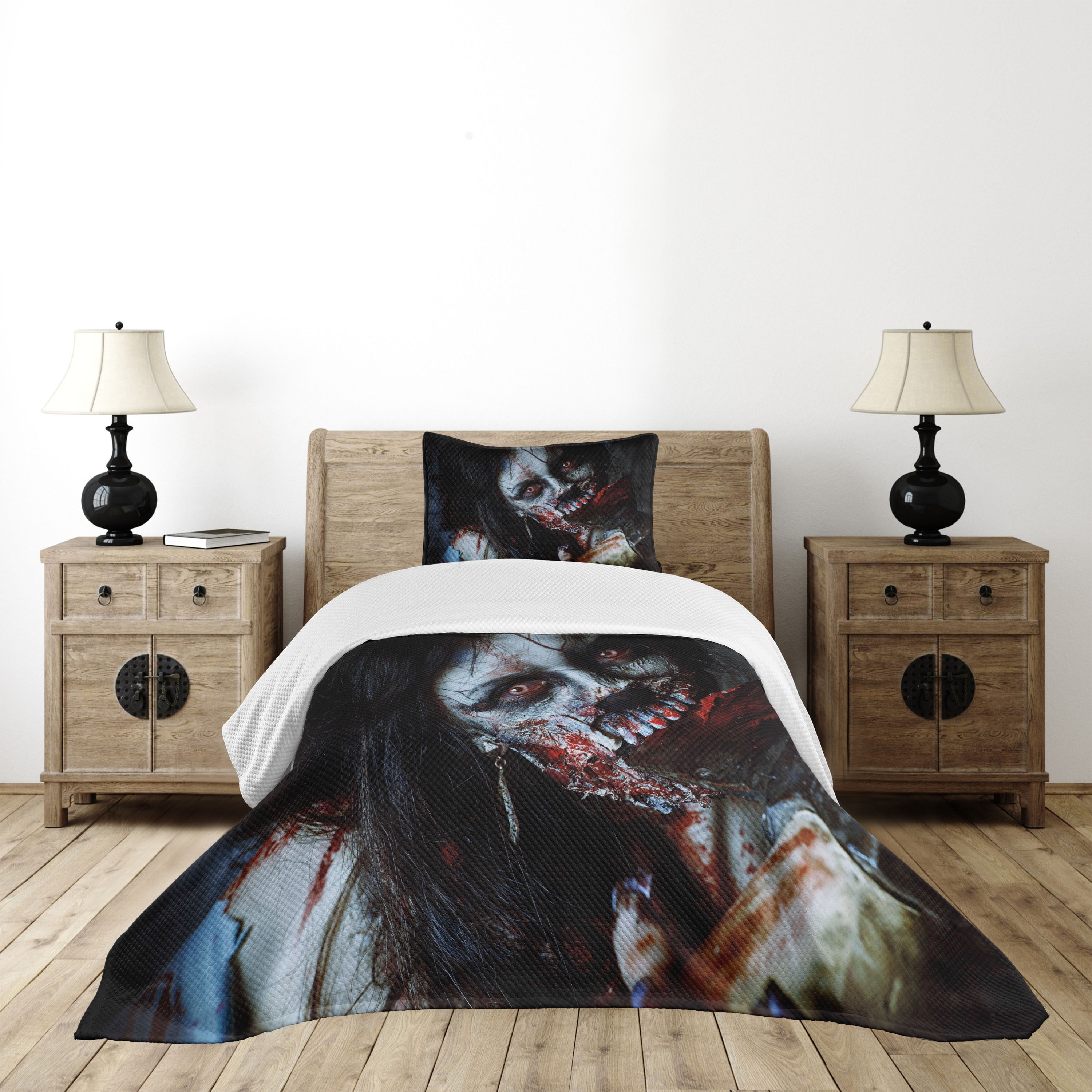 Twin White Quilted Zombie Bedspread Set with Pillow Sham