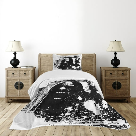 Ambesonne Zombie Quilted Bedspread Set 2 Pcs, Crazy Man Horror, Twin Size, Black White
