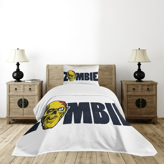 Ambesonne Zombie Quilted Bedspread Set 2 Pcs, Dead Human Face, Twin Size, Dark Blue Yellow