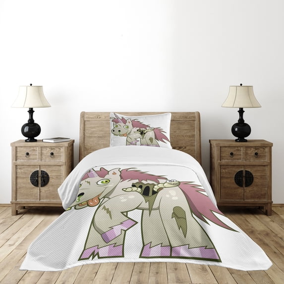 Ambesonne Zombie Quilted Bedspread Set 2 Pcs, Evil Unicorn Myth, Twin Size, Green Dried Rose