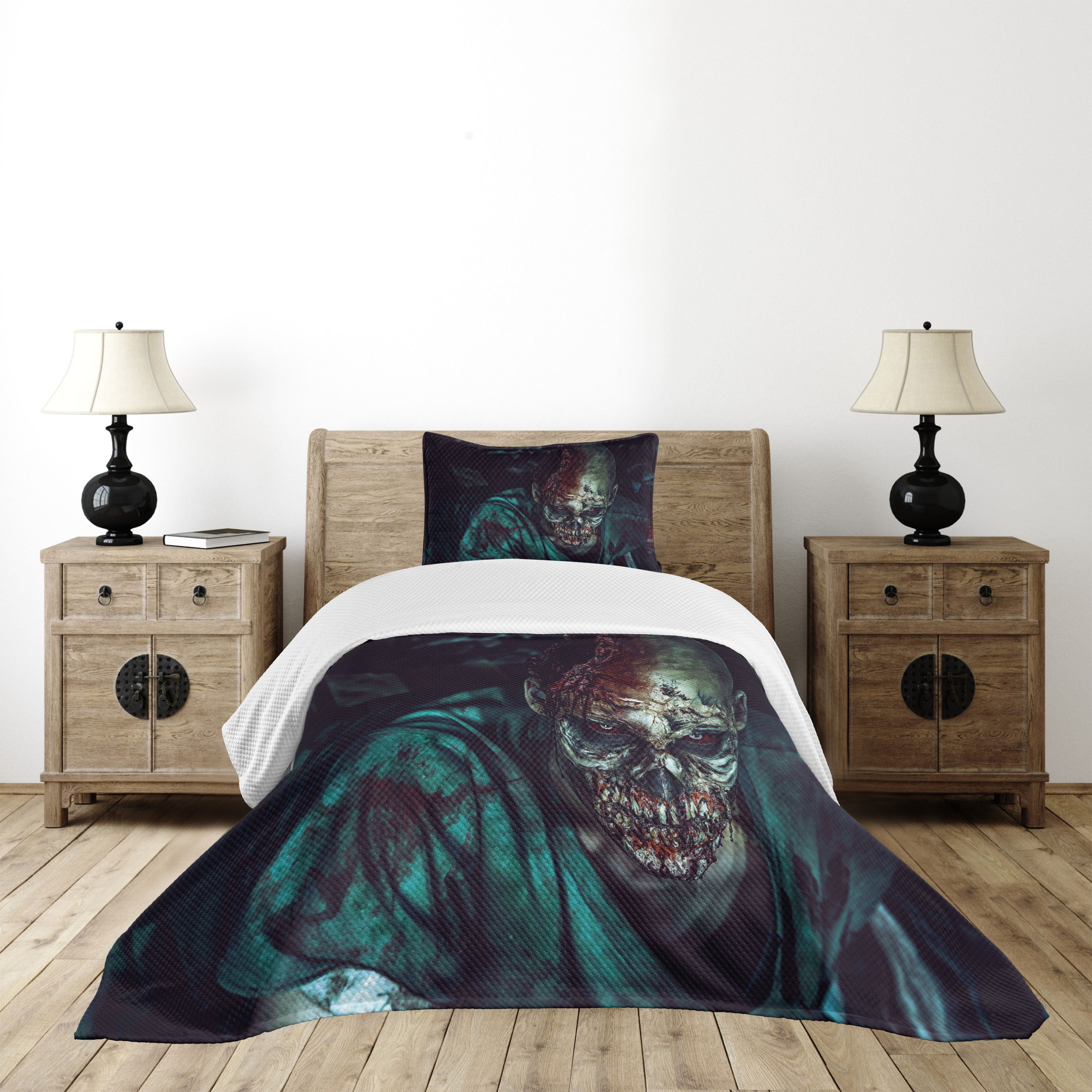 White Twin Quilted Bedspread Set with Zombie Design