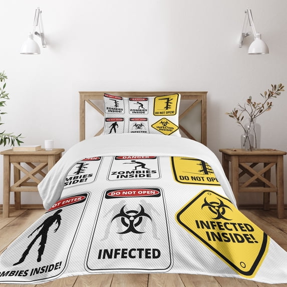Ambesonne Zombie Quilted Bedspread Set 2 Pcs, Warning Signs Evil, Twin Size, Multicolor