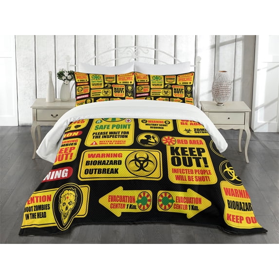 Ambesonne Zombie Quilted Bedspread Set 3 Pcs, Apocalypse Signs, King Size, Yellow Grey Red
