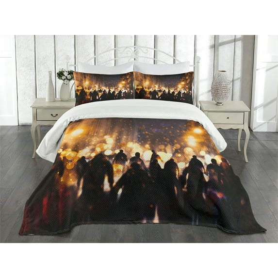 Ambesonne Zombie Quilted Bedspread Set 3 Pcs, Burning Town Chaos, King Size, Amber Mauve Seal Brown