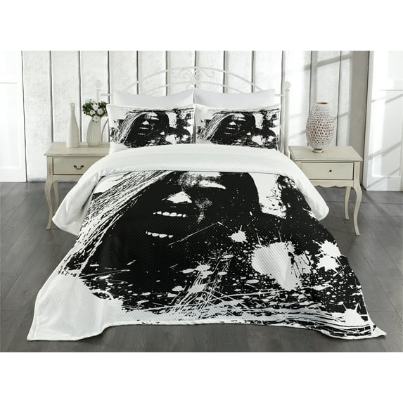 Ambesonne Zombie Quilted Bedspread Set 3 Pcs, Crazy Man Horror, Queen Size, Black White