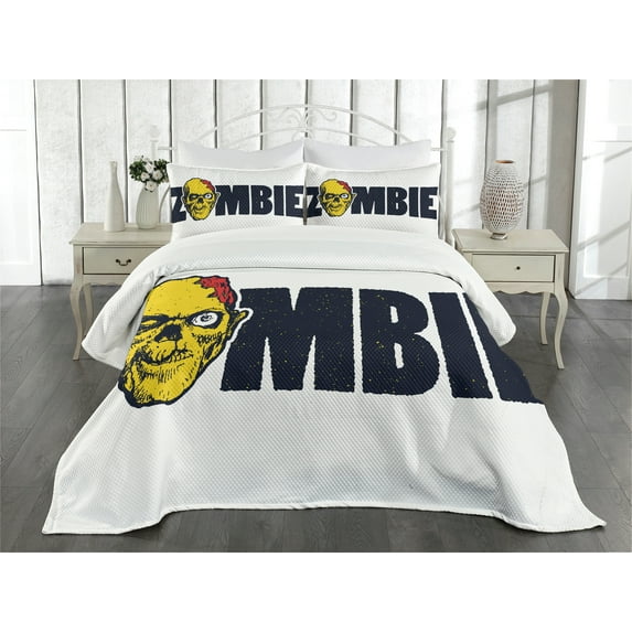 Ambesonne Zombie Quilted Bedspread Set 3 Pcs, Dead Human Face, King Size, Dark Blue Yellow