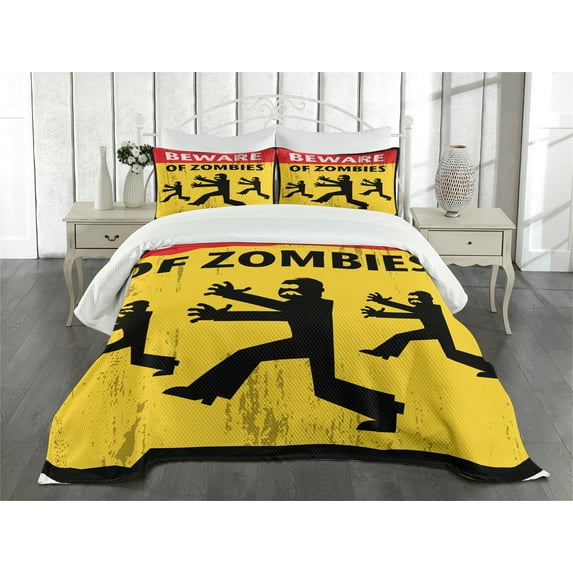 Ambesonne Zombie Quilted Bedspread Set 3 Pcs, Fiction Humor Art, King Size, Yellow Black Red