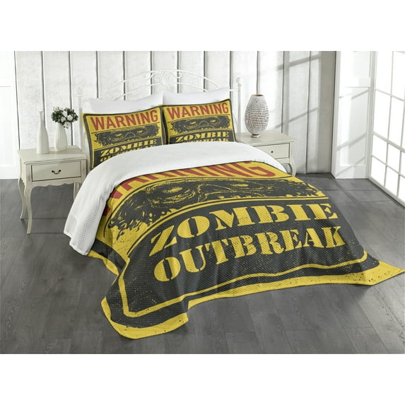 Ambesonne Zombie Quilted Bedspread Set 3 Pcs, Grunge Horror Sign Print, Queen Size, Earth Yellow Grey Red